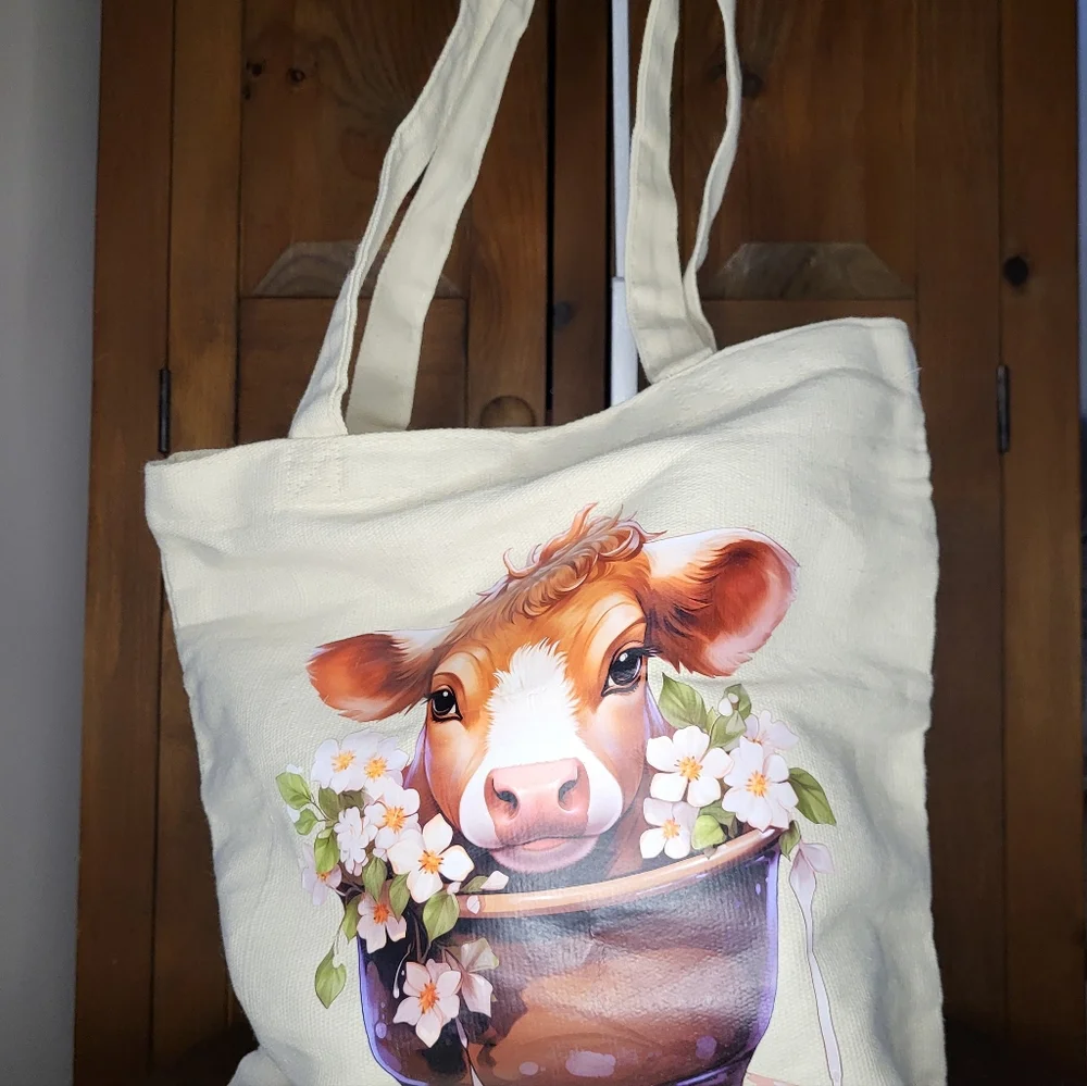 Canvas Tote Bag with Cow and Floral Design - Picture 3 of 13